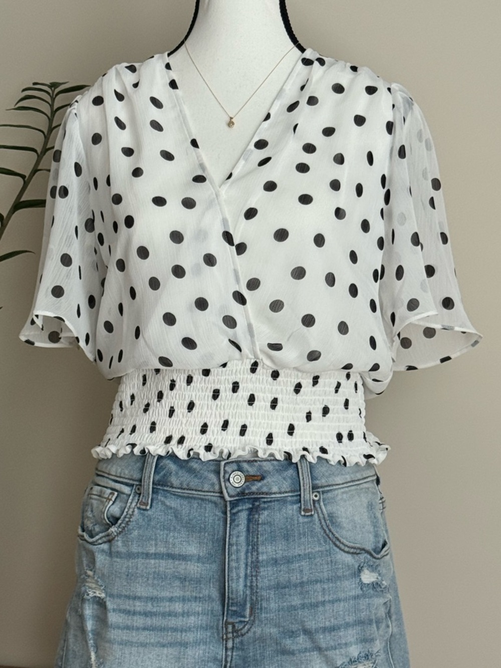Tamara H Polka Dot Smocked Waist V-Neck Blouse - White/Black size Medium
